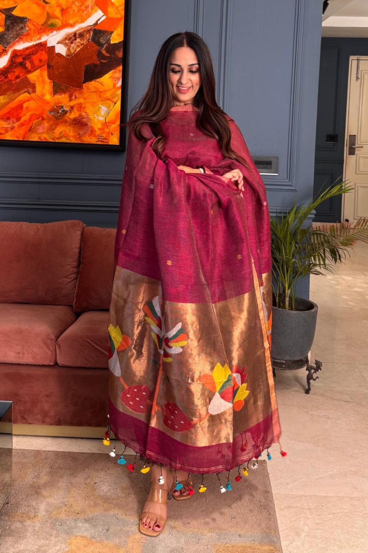 Paithani inspired Jamdani work on tissue linen